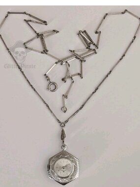 Vintage Bucherer 17-Jewel Swiss Nurse Watch | 27.5" Solid 800 Silver Bar Chain.